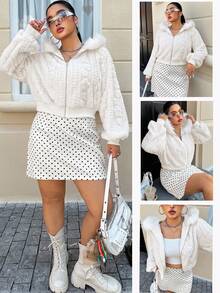 SHEIN EZwear Jachetă de toamnă și iarnă pentru femei, plus mărime, cu glugă, tricotată, caldă, cu fermoar, casual - alb - Vizualizare 1