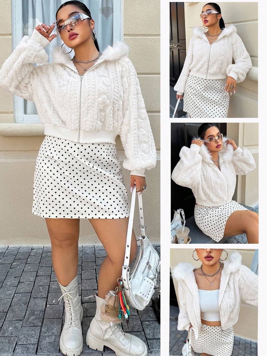 SHEIN EZwear Jachetă de toamnă și iarnă pentru femei, plus mărime, cu glugă, tricotată, caldă, cu fermoar, casual - alb - Vizualizare 1