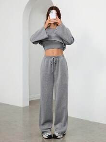 SHEIN Tall 2025 新款休闲基本款纯色长袖短款上衣、吊带背心和阔腿裤三件套女装 - 深灰色 - 查看 8