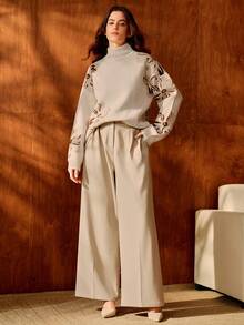 Anewsta Elegant Floral Embellished Pullover Sweater, Romantic & Chic For Commuting - Apricot - View 7