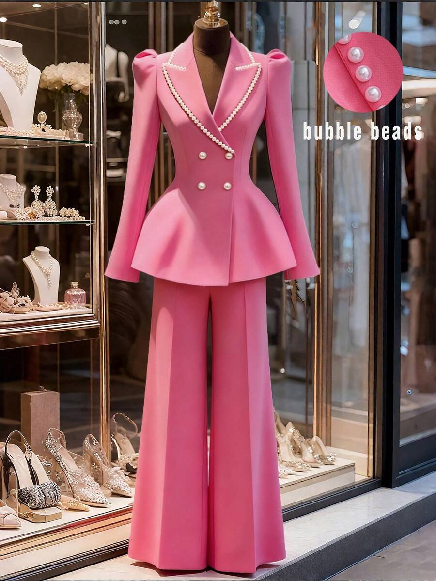 Franclia Bộ đồ vest màu hồng thanh lịch đính cườm sang trọng kiểu Pháp, áo cánh dài tay và quần dài, trang phục mùa thu cho nữ - Màu Hồng baby - Xem 1