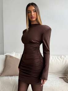 Aloruh Women's Autumn/Winter New Commuting & Casual Brown Mock Neck Ruched Bodycon Mini Dress Chocolate Brown Dress - Coffee Brown - View 6