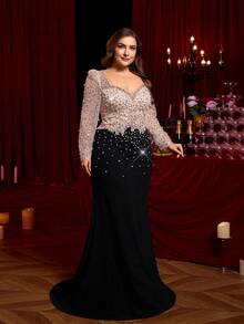 Glamrae 加大码优雅浪漫奢华亮片装饰透视长袖美人鱼下摆拖尾超长连衣裙（重度装饰设计） - 黑色 - 查看 8