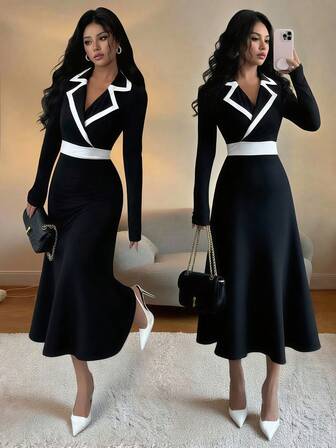 Gloray 女士优雅通勤撞色翻领长袖中长连衣裙