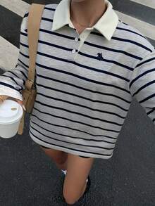 Muchica 女士休闲通勤学院风刺绣条纹印花撞色 Polo 领长袖 T 恤，春秋季 - 灰色 - 查看 5