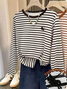 Resyla Women's Striped Embroidered Knight Long Sleeve Round Neck T-Shirt - Multicolor - View 1