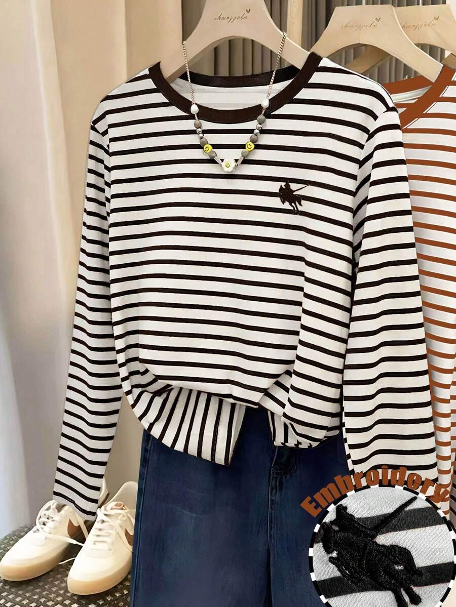 Resyla Women's Striped Embroidered Knight Long Sleeve Round Neck T-Shirt - Multicolor - View 1