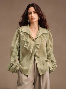 Anewsta 圣诞法式蕾丝荷叶边珍珠点缀灯笼袖雪纺衬衫，米色/象牙色女式衬衫，适合秋季、冬季、新年等场合，优雅别致，时尚有型，适合圣诞节、外出等场合，是女士冬季服装的理想之选。 - 綠色 - 查看 6