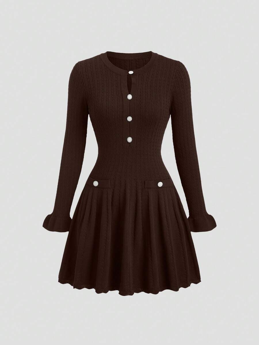 SHEIN Clasi 初秋法式优雅海军蓝镂空复古荷叶边下摆优雅长袖短款针织通勤连衣裙 - 咖啡棕 - 查看 1