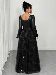 Elenzga Plus Size Sequin & Bead Embellished Mesh Long Sleeve Dress - Black - View 2