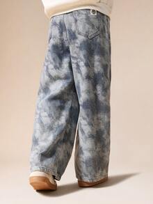 SUMWON 男童阔腿扎染牛仔裤，抽绳腰带，休闲街头风度假款 - 藍色 - 查看 2