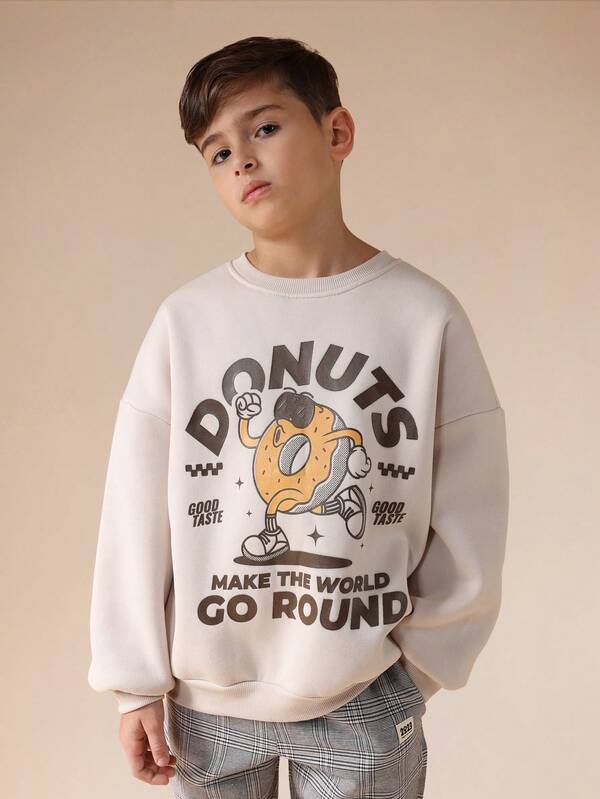 SUMWON Sudadera oversize con estampado de rosquilla y eslogan "Buen Gusto" de cuello redondo y manga larga