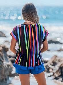 Sylviya 彩色条纹休闲简约女士圆领衬衫，适合夏季