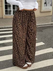 SHEIN PETITE CURVE Plus Size Loose Straight Leg Pants With Leopard Print, Casual, For Autumn/Winter Cheetah Women Wide - Brown - View 5