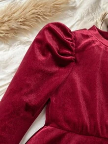 Young Girls Round Neck Raglan Sleeve Elegant Beaded Ruffle Hem Long Sleeve Dress - Red - View 4