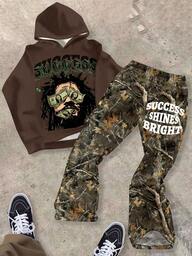Boys Multicolor Streetwear Hoodie And Pants Set With Full Plant Print And Round Neck, Girls Camo Outfit Camo Pants Set Success Graphic Tee Camo Sweatpants, Tween Casual Loose Fit Hoodie And Pants Two Pieces Set, Suitable For Autumn/Winter