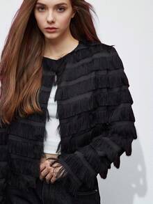 Maija Women's Solid Color Fringe Decor Casual Jacket, Fall Clothes, Autumn Clothes For Women, Christmas Women's Clothing, Christmas Clothes, New Year Clothes, New Year Women's Clothes, Thanksgiving Shirt, Halloween Costumes, Halloween Cosplay, Party Outfit, Elegant Women's Blouses, Casual Blouses For Ladies