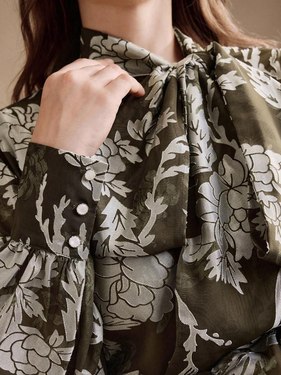 Anewsta 女式休闲宽松轻薄透明长袖衬衫，百搭时尚风格 - 軍綠色 - 查看 1