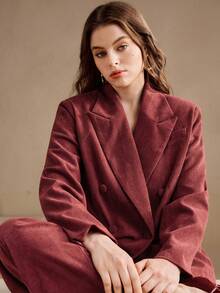 Anewsta Damen Ziegelrot Große Größen Elegantes Vintage Stil Hosenanzug Set, Klassische Langarm Doppelreiher Blazer Jacke mit Weiten Beinen, strukturierte gerippte Textur, Lässig Minimalistisch, geeignet für Büro, Neujahr und Alltag - Rotbraun - Übersicht 6