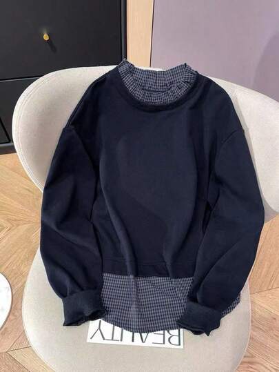 GlowEve 时尚都市休闲新款女式圆领宽松海军蓝纯色拼布格子灯笼袖运动衫，适合休闲、校园、约会、日常穿着