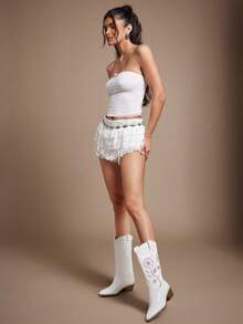 SHUZIA New Women's Floral Embroidery Vegan Leather Pointed Toe Western Style Chic Cowboy Boots Chunky Heel Slip-On Rodeo Dance Holiday Fall Winter Shoe For Christmas - White - View 3