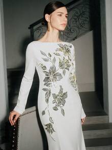 Anewsta Robe longue à manches longues avec motif floral perlé, élégante et de luxe, décontractée. Convient pour l'automne, l'hiver, le Nouvel An, les fêtes, les mariages. Élégante, chic et . Robe de soirée.