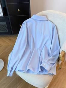 GlowEve CURVE Plus Size Women Elegant Long Sleeve Floral Lace Bowknot Blue Shirt Elegant Lace Blue Top - Blue - View 2