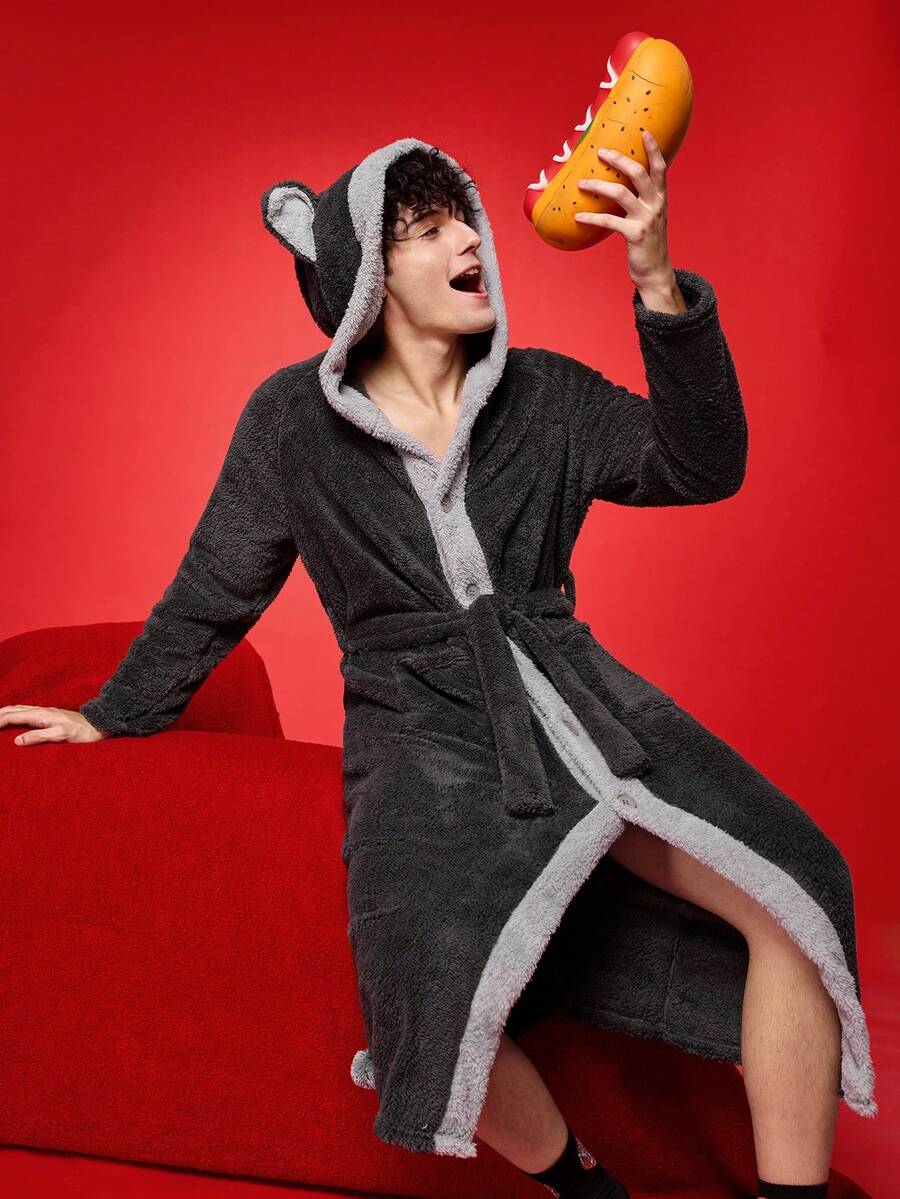 Men's Cozy Contrast Color 3D Ear Design Long Sleeve Hooded Belted Robe, Fluffy, Winter, Christmas - Multicolor - View 1