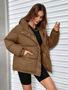 EMERY ROSE Women's Solid Color Zip Front Hooded Long Sleeve Casual Padded Padded Coat, Winter Clothes - Brown - View 1