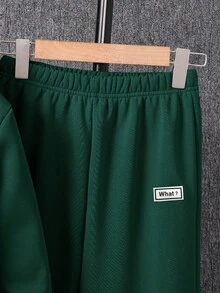 SHEIN 2 件/套超值买 1 送 1 青少年男孩厚羊毛宽松连帽衫和运动裤套装，适合万圣节、圣诞节、休闲装、学校、通勤、运动、秋冬 - 墨綠色 - 查看 4