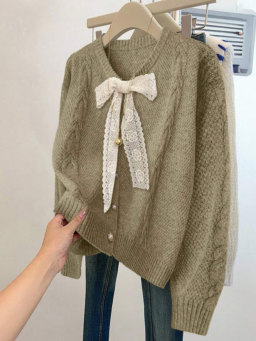 SHEIN Clasi 女式休闲系带圆领毛衣开衫 - 卡其色 - 查看 1