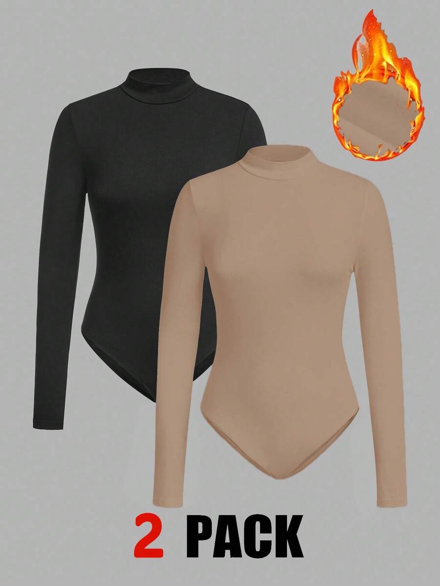 SHEIN EZwear 2件装纯色保暖连体衣，秋冬季高领长袖连体衣，长款上衣 - 卡其色 - 查看 1