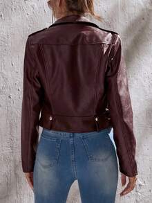 SHEIN Tall Zip Up PU Moto Jacket In Fall/Winter - Burgundy - View 2