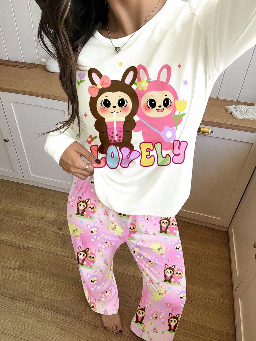 SHEIN Leap Crew 2 件套青少年女孩卡通图案圆领长袖 T 恤和裤子,宽松休闲睡衣套装,秋冬 - 彩色 - 查看 1