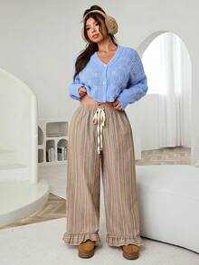 SHEIN EZwear 大码女式抽绳腰条纹阔腿宽松休闲裤 - 彩色 - 查看 5