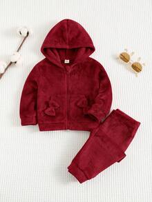Cozy Pixies 2 件女婴秋冬毛绒内衬连帽夹克，带 3D 蝴蝶结拉链和抽绳裤运动休闲套装 - 酒紅色 - 查看 3
