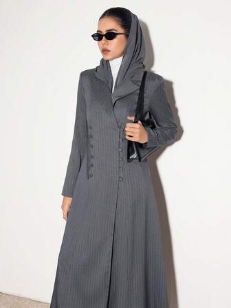 Al Najma Chaqueta casual de abaya árabe de doble botonadura, cuello de solapa y manga larga a rayas para mujer