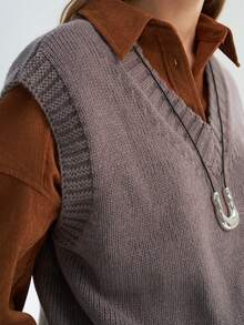 INAWLY Gilet tricoté ample décontracté style rétro col V pour femmes - Tabac - Voir 6