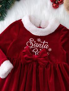 Cozy Pixies Baby Girl Christmas Snowflake & Letter Print Patchwork Fluffy Decor Round Neck Long Sleeve Waist Cinched Dress - Red - View 8