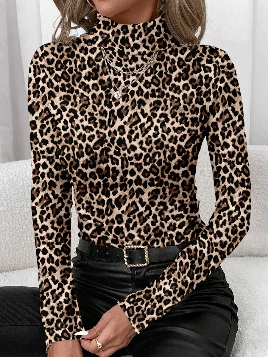 SHEIN Clasi Casual Minimalist Women High Neck Tight Fit Long Sleeve T-Shirt, Suitable For Autumn/Winter, Leopard Print,Cheetah Print - Multicolor - View 1