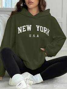 SHEIN EZwear 2pcs Women Letter Embroidery Hoodie And Leggings Set, Autumn/Winter - Army Green - View 3