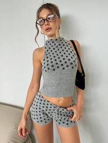 SHEIN BAE 2 pièces Ensemble Top en tricot sans manches à col Mao et short en tricot à motif pois pour femmes - Gris - Voir 4