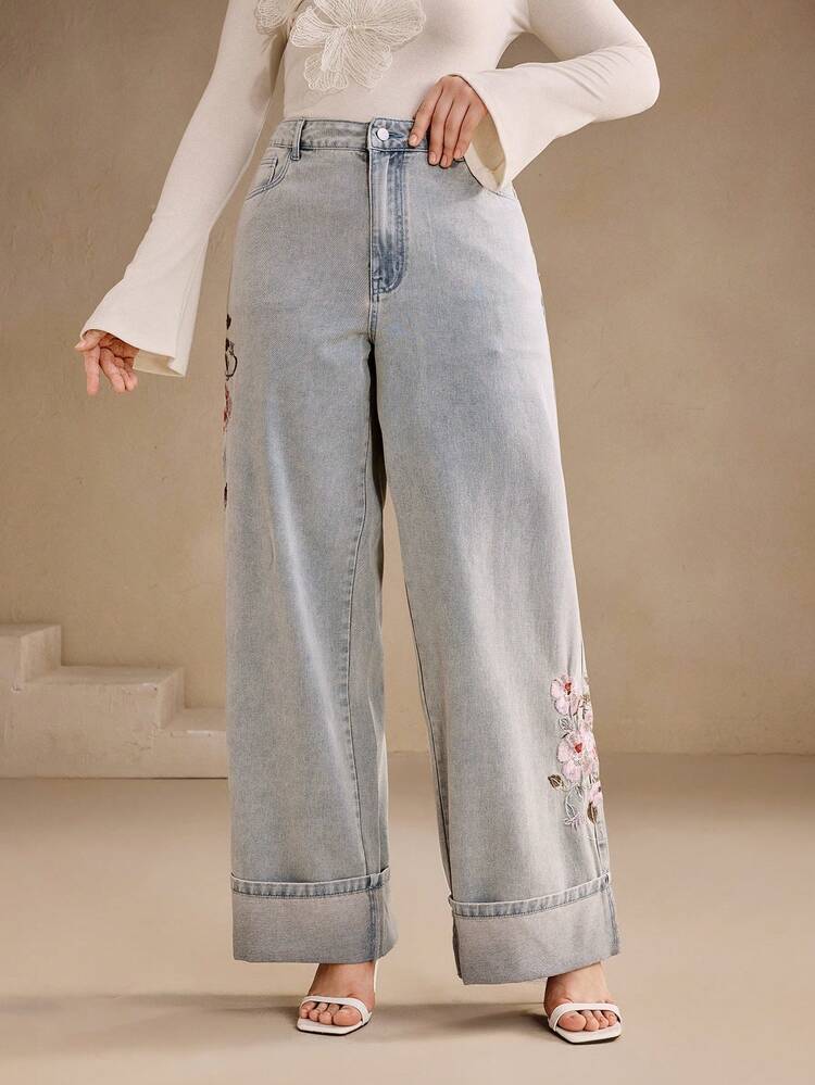 Elegant Embroidered Blue Denim Straight-Leg Pants For Women