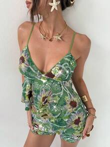 Aloruh 女式 Y2K 花卉印花亮片装饰性感时尚吊带背心 - 彩色 - 查看 4