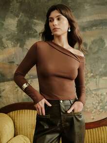 Anewsta Women's New Arrival Long Sleeve Brown/Coffee Asymmetrical Shoulder Elegant Blouse, Autumn/Winter - Brown - View 5