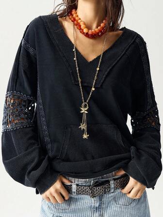 Bohemela Casual Knit Patchwork Half-Zip Loose Washed Women Sweatshirt