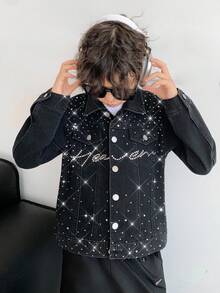 青少年男孩时尚休闲 Y2K 复古酷炫街头返校学院闪亮字母水钻设计黑色牛仔翻领长袖牛仔外套，适合儿童穿着，柔软舒适，适合日常穿着，也适合儿童秋冬季派对、节日和街头服饰。 - 黑色 - 查看 4