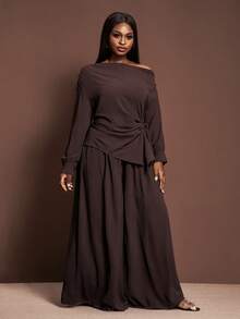 Veslaya 2025秋冬大码女装套装，优雅不对称肩部褶皱腰身长袖上衣搭配阔腿裤，适合乡村音乐会、婚礼、约会、正式场合等场合。 - 棕色 - 查看 6