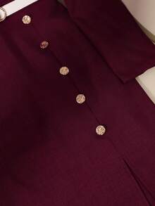 SHEIN Franclia Long Sleeve Blazer Style Dress With Side Slit, Elastic Waist And Metal Button Decor - Burgundy - View 6
