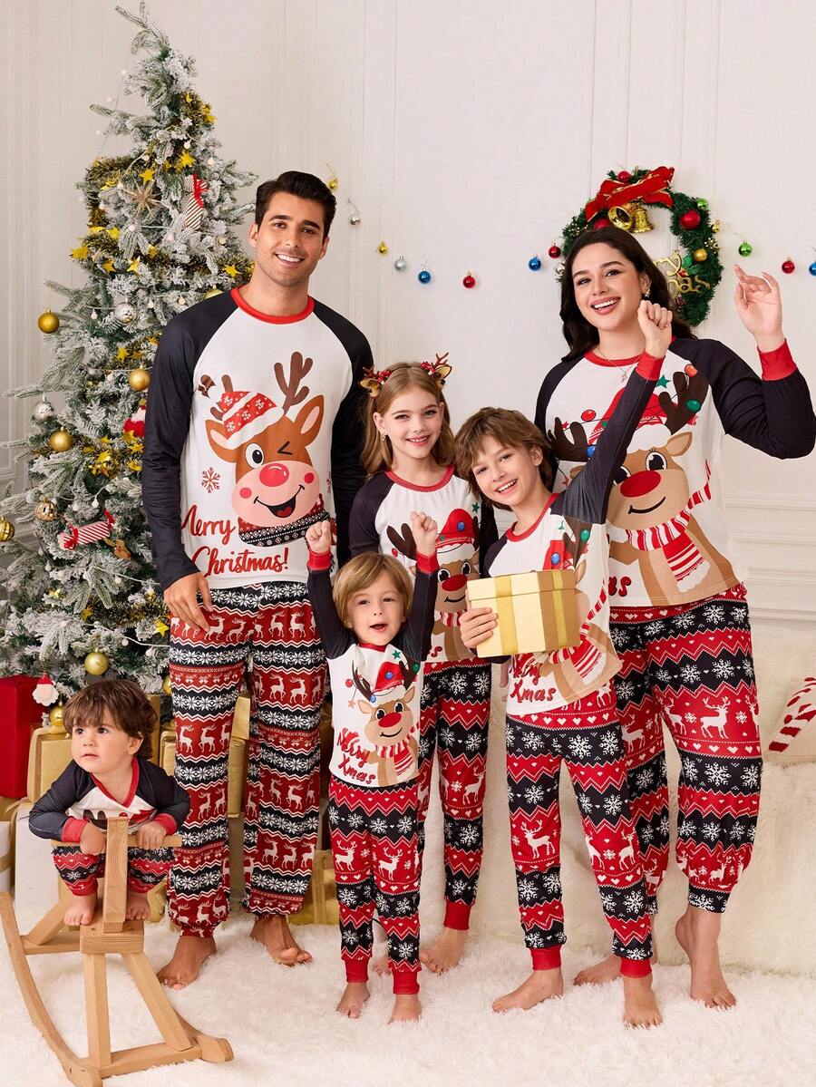 SHEIN Baby Boy Cute Christmas Graphic Pajama Set,White And Red Autumn Matching Family Crew Neck Long Sleeve Top And Pants,Snug Fit Casual Thick Sleepwear - Red - View 1